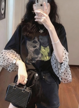 波点网纱拼接短袖卡通印花宽松T恤女夏季新款遮肉显瘦大码上衣