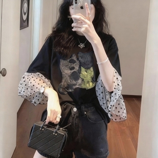 波点网纱拼接短袖卡通印花宽松T恤女夏季新款遮肉显瘦大码上衣
