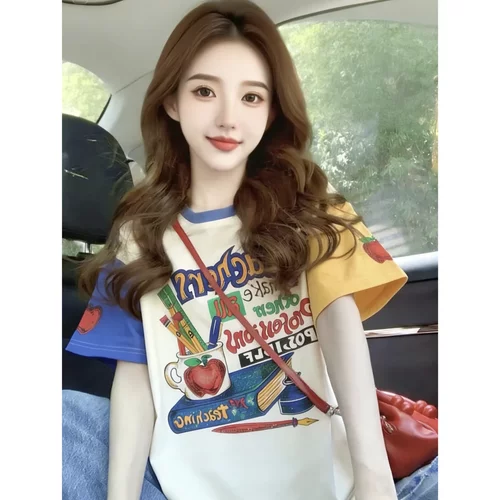 韩系拼色学院风设计感新款夏季短袖t恤女宽松显瘦休闲洋气上衣潮