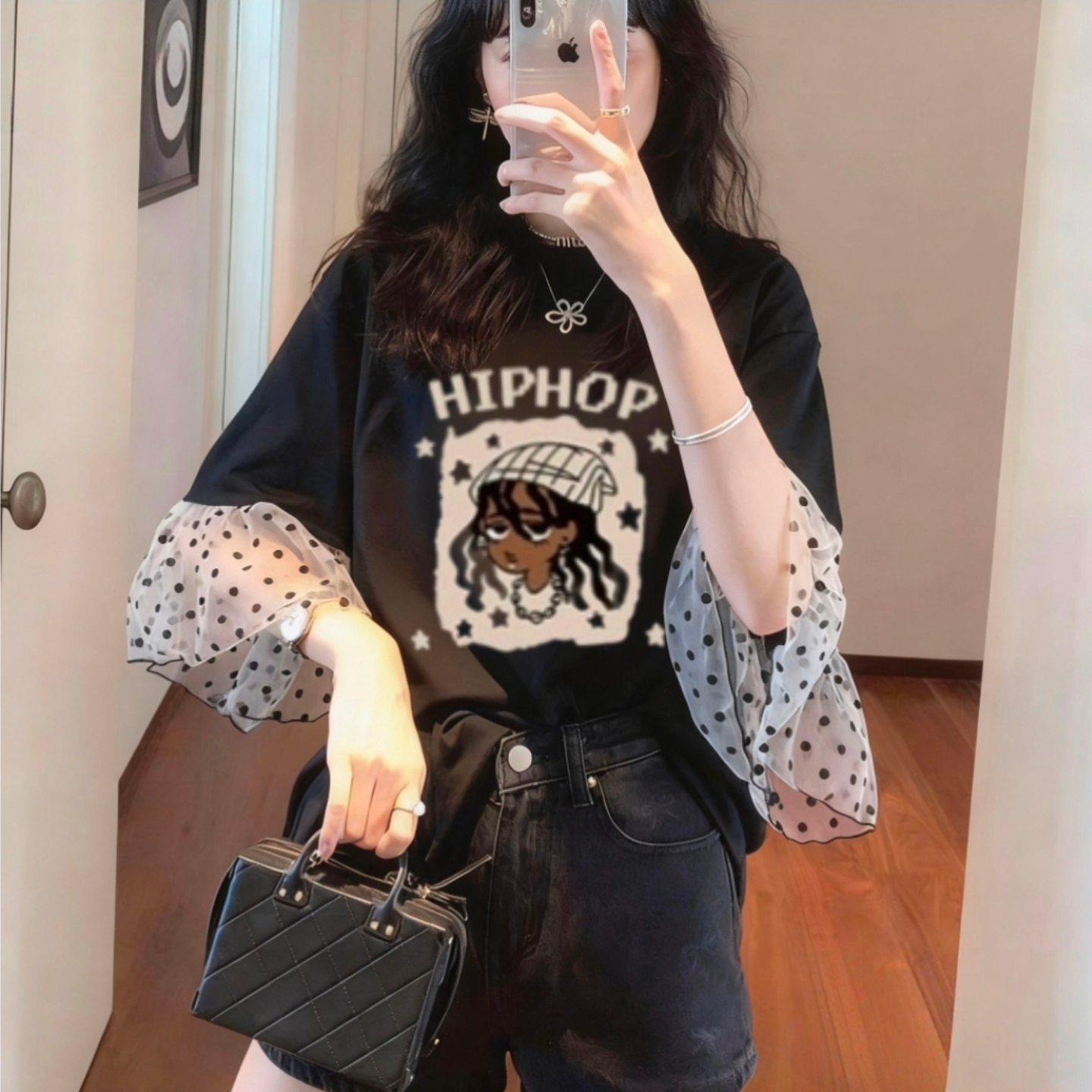 韩国东大门波点拼接短袖T恤女2026夏季新款大码休闲洋气圆领上衣