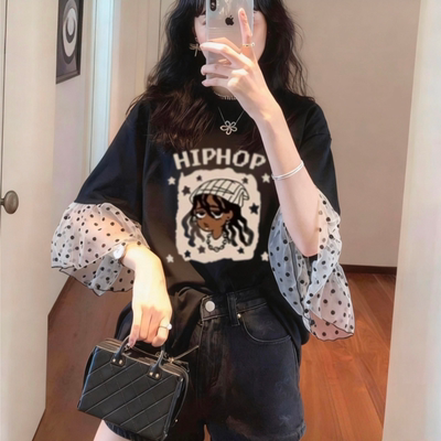 东大门波点拼接短袖T恤女大码