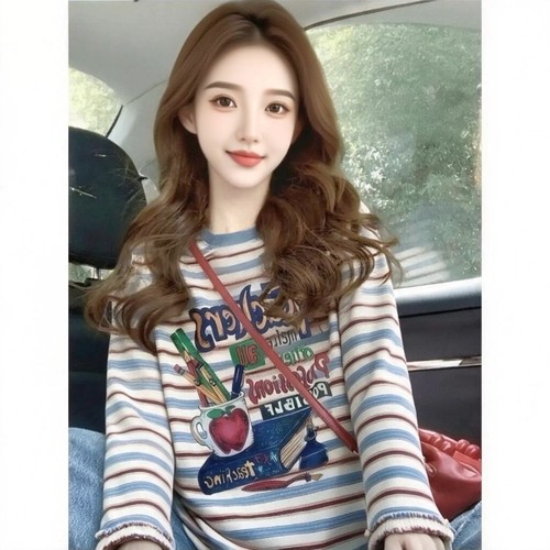 韩系条纹高品质长袖T恤女春秋新款宽松减龄显瘦学院风打底衫上衣
