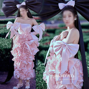 2021新款影楼主题服装旅拍婚纱摄影个性粉色花朵气质个人写真礼服