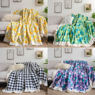 ins田园荷叶边沙发毯子多功能空调休闲毯公主风少女毯子毛毯盖毯