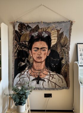 墨西哥画家弗里达卡罗猴子自画像挂毯床毯沙发毯盖毯毛毯针织毯