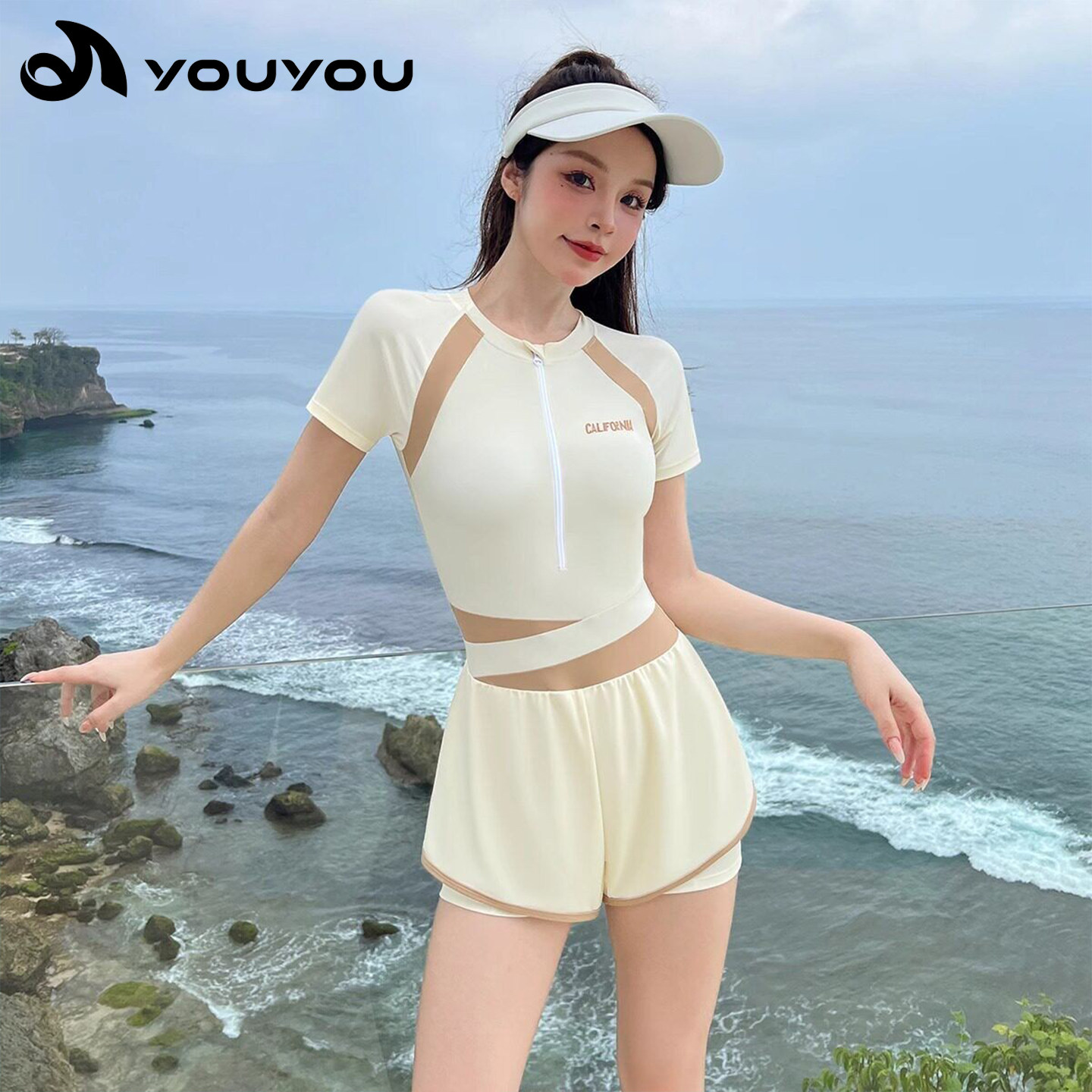 佑游女士显瘦遮肚短袖连体泳衣