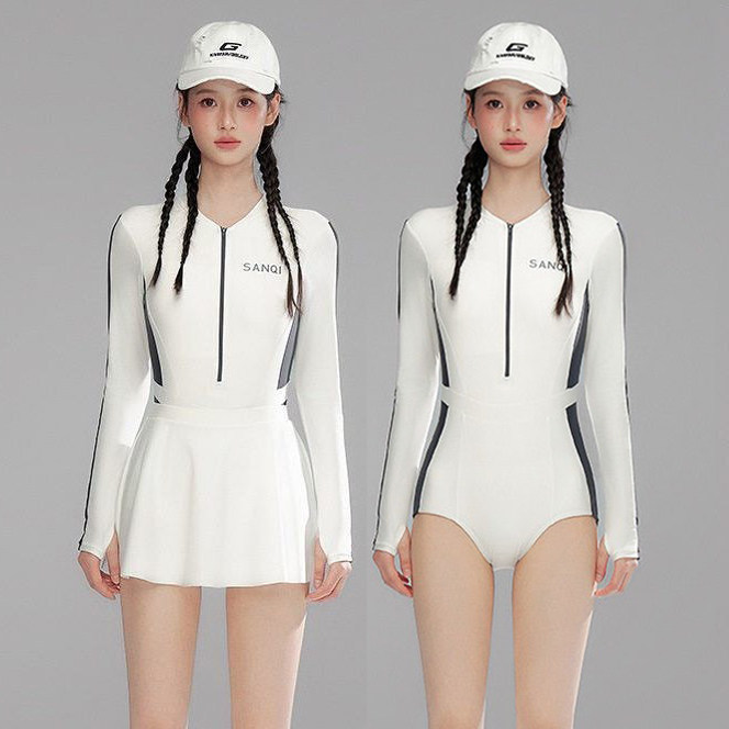 三奇游泳衣女士长袖防晒2026新款连体保守高级感遮肚显瘦温泉泳装