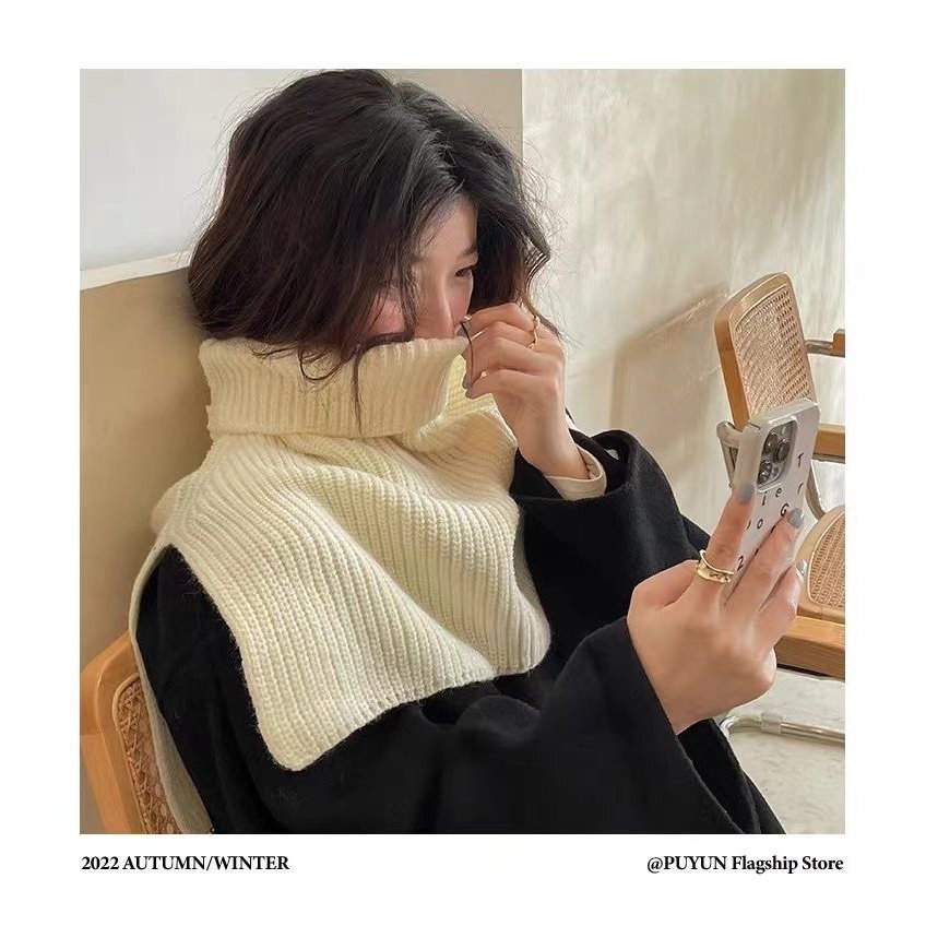 网红时尚秋冬季新款保暖套头披肩高领开叉围巾针织纯色脖套披肩