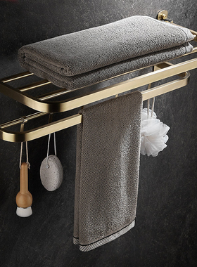 双层浴巾架折叠活动靠墙304不锈钢拉丝金浴室加长毛巾架带钩加厚