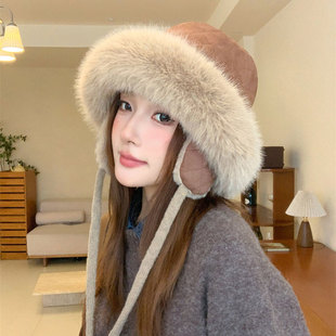 新款 毛绒雷锋帽女秋冬保暖护耳盆帽防寒渔夫帽麂皮绒加厚防风棉帽