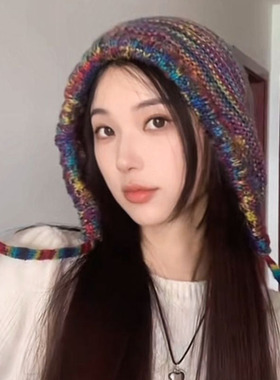 秋冬新款甜美彩虹帽子女款保暖针织帽绑带护耳套头帽毛线帽包头帽