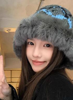 兔毛毛绒雷锋帽子女冬季显脸小可爱毛线帽护耳保暖皮草针织包头帽