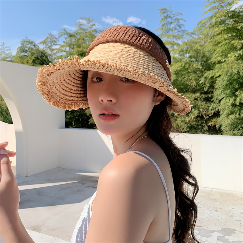 拉菲草空顶帽子女夏季大帽檐海边防晒帽防紫外线太阳帽遮阳帽