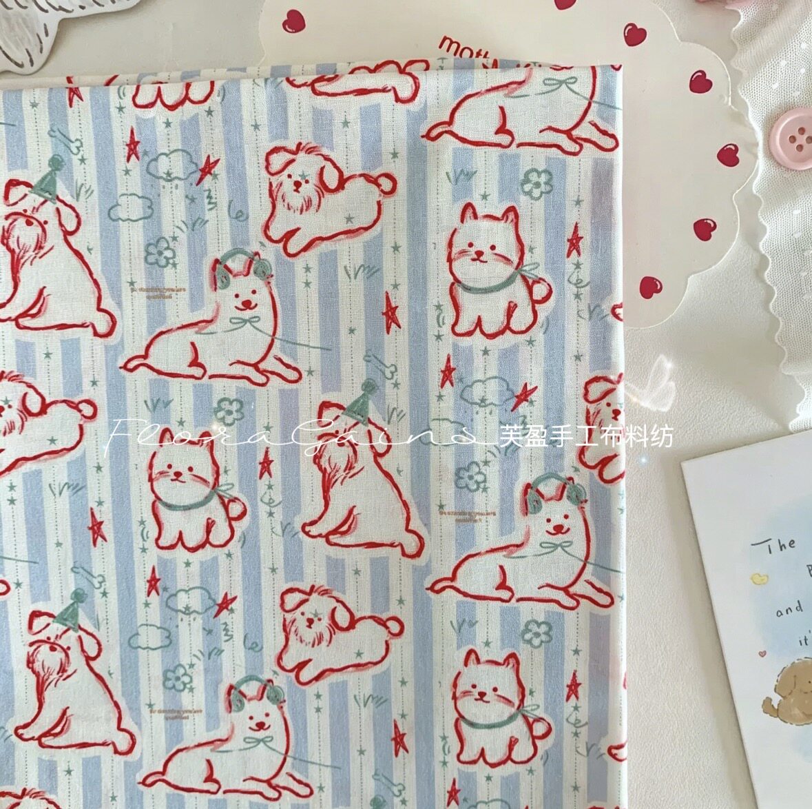 全棉40支韩版可爱卡通动物狗印花面料布收纳包家居服桌布窗帘DIY