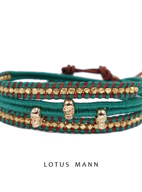 三圈金色骷髅绕线皮绳手链