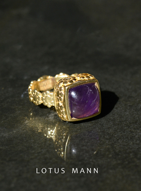 紫晶花朵古董造型银镀金戒指