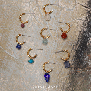 Wish mann Stones幸运石不对称珠圈天然石吊坠耳环多色入lotus