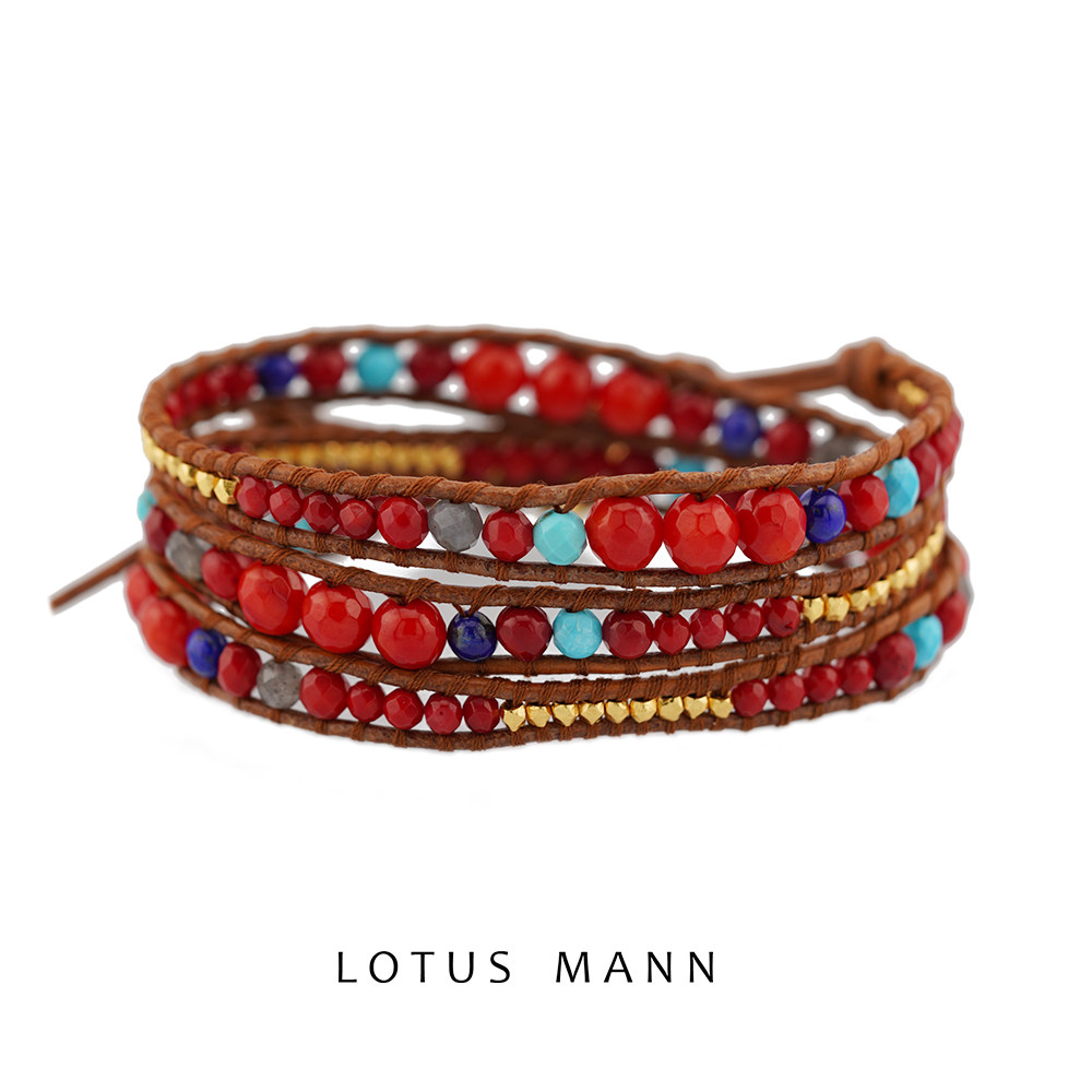 海竹珊瑚与蓝色系3/5圈925银镀金自然棕皮绳手链lotus mann