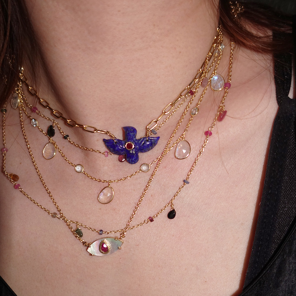 BabyPhoenix小号永生鸟凤凰/月光石/彩色蓝宝石水滴项链