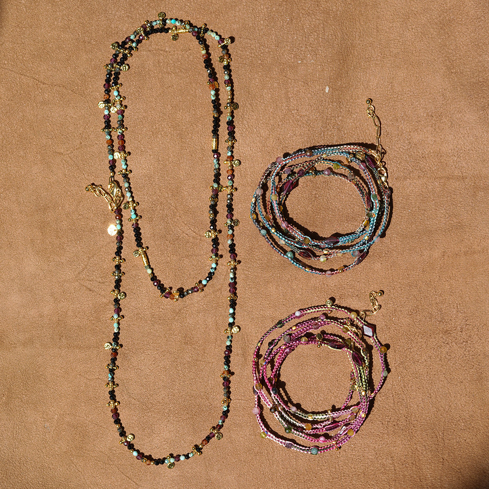 彩色编绳5圈碧玺石榴石超长细手/项链