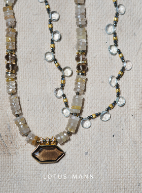 山影.烟晶与金发晶 浅浪. 透体海蓝宝水晶吊坠手工切项链