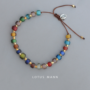 路塔斯曼LotusMann彩色白芯琉璃子手工编织金珠可调节单圈手链女