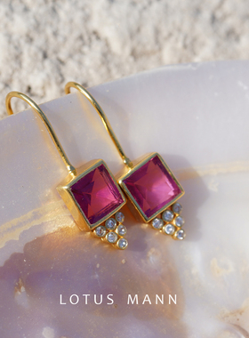 Fuchsia Quartz.限量桃粉水晶手工镶嵌银镀金法式耳钩耳环