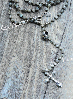 Rosary labradorite纯银骷髅十字架拉长石闪光石长项链路塔斯曼
