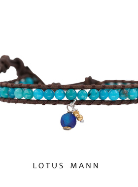 限量优品.天然彩蓝色绿松石与迷你克洛伯吊坠复古烟灰色皮绳手链