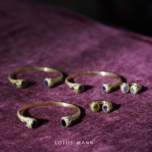 古典磨砂金宝石开口手镯/戒指 紫水晶拉长石黑玛瑙石榴橄榄手镯