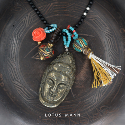 Lotus Mann雕刻佛祖925银黑玛瑙项链