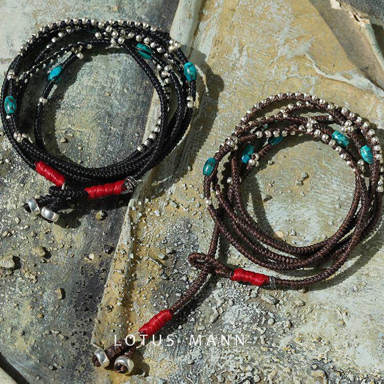 路塔斯曼细925银金刚结棕蜡线编织天然湖北绿松石五圈手链简约男