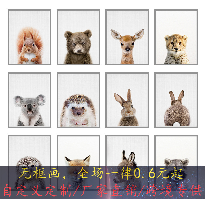 北欧简约小动物兔子熊豹子装饰画儿童房背景墙装饰挂画无框跨境图片