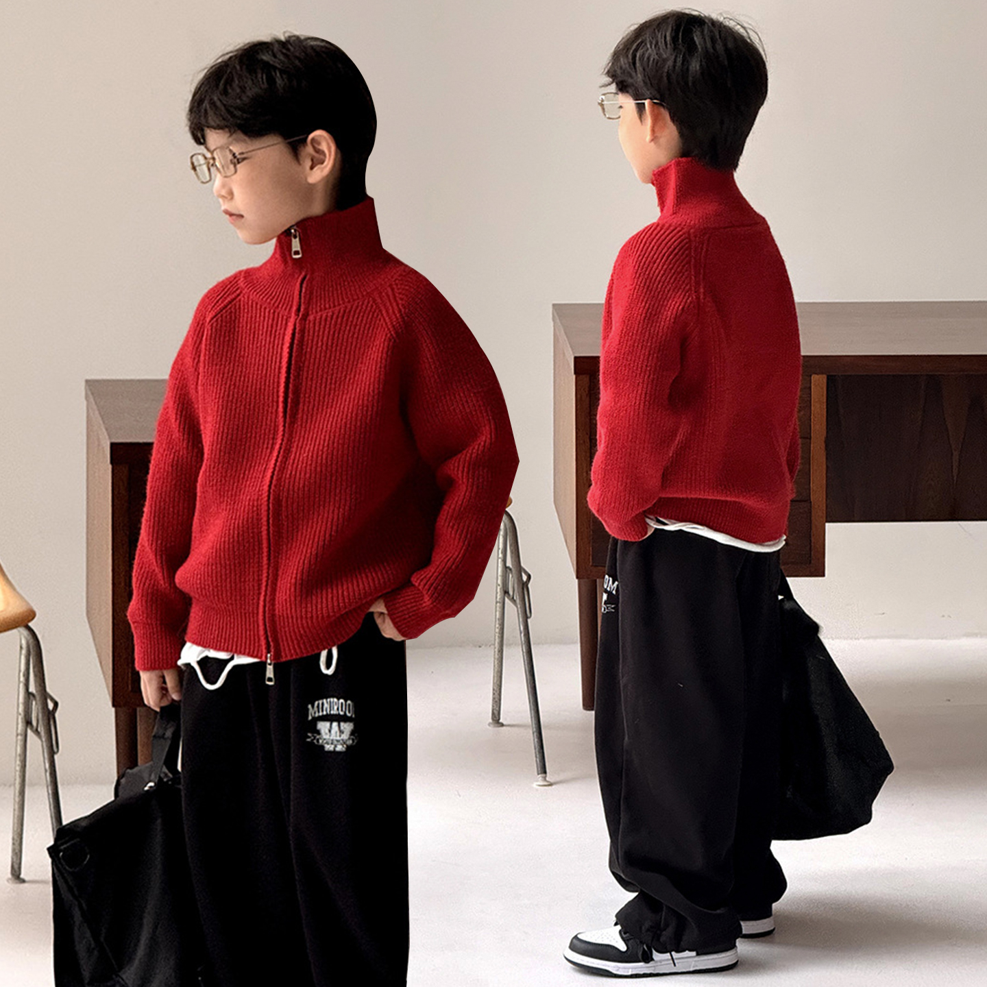 森许男童毛衣外套秋冬款儿童红色年服针织开衫2025新款洋气打底衫