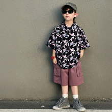 森许男童夏威夷风套装儿童2025新款夏装花衬衫印花薄款宝宝痞帅潮
