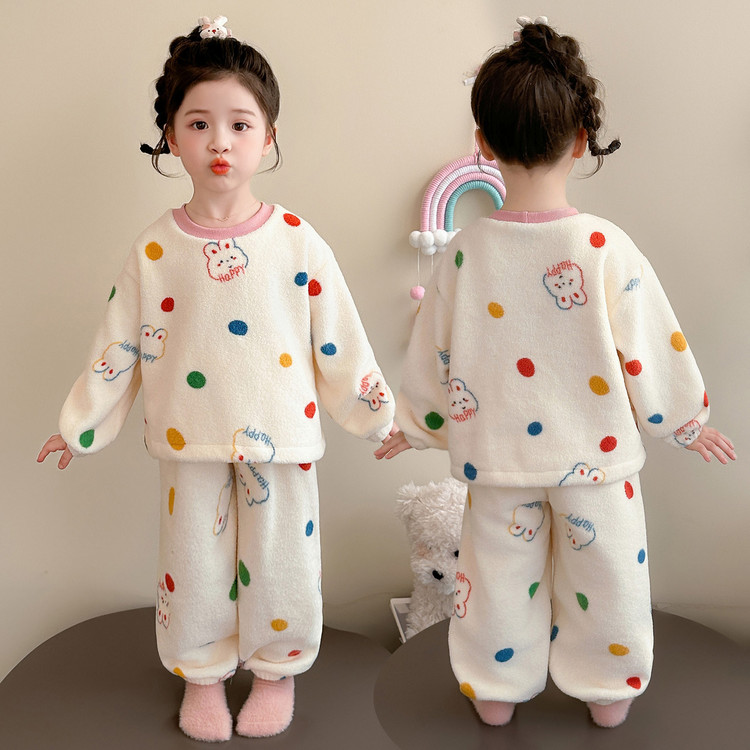 儿童珊瑚绒睡衣套装冬季加厚婴幼儿宝宝女加绒法兰绒家居服两件套