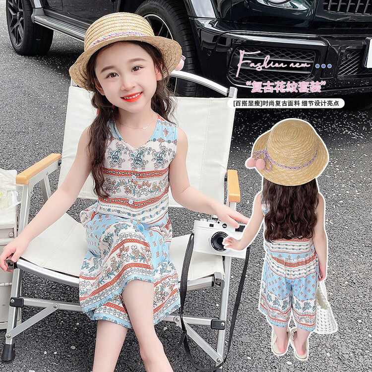 女宝宝新款洋气夏装2025女童韩版时髦夏季雪纺套装小童无袖两件套