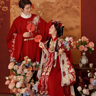 新款 情侣复古红色唐装 婚纱照新中式 明制汉服嫁衣 影楼主题拍照服装