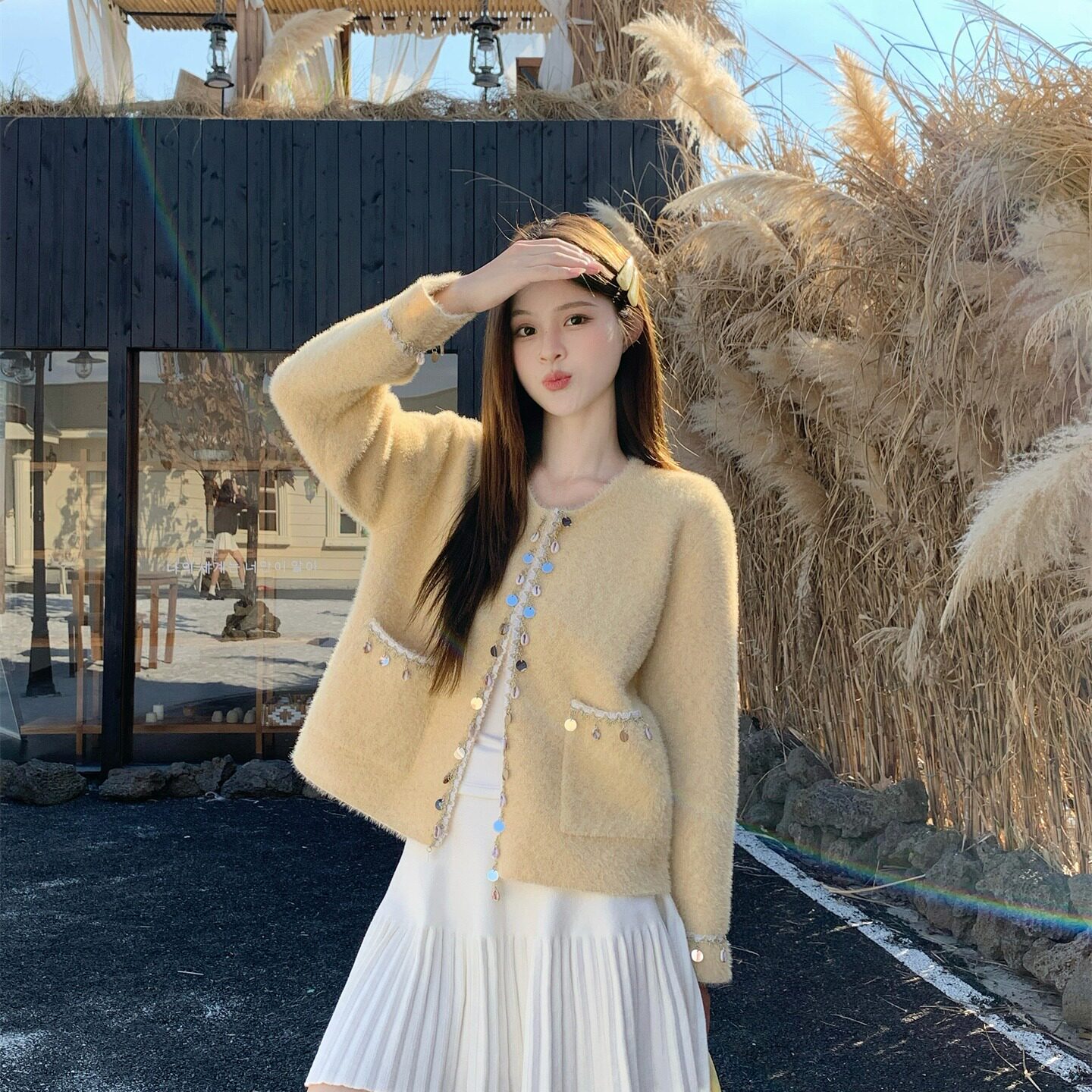 2025秋季新款高级感上衣小香风防水貂绒长袖开衫外套女