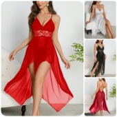 Dress Women V领蕾丝睡裙透视网纱吊带长裙 Camisole Maxi Mesh