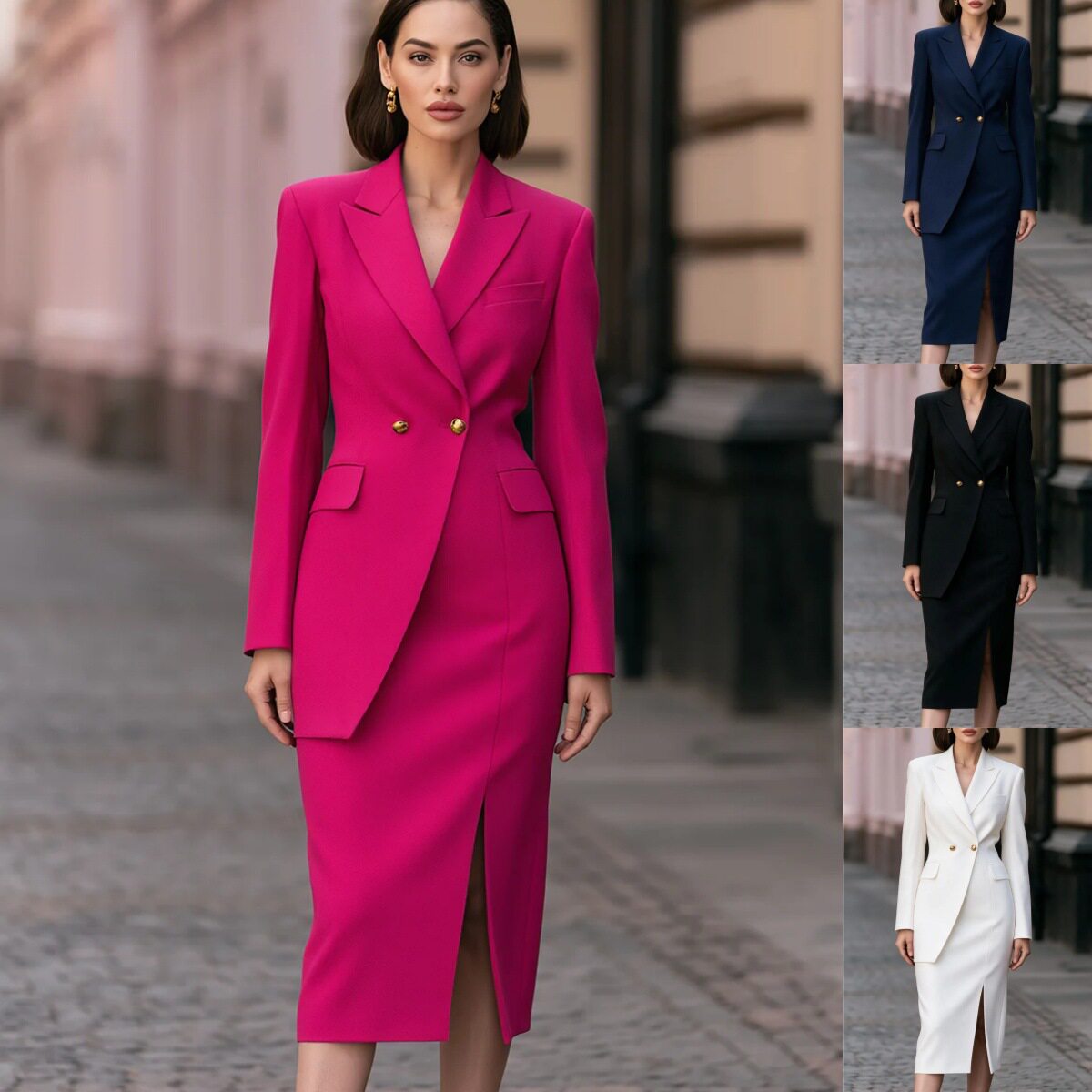Women Blazer Dress 2026欧美女士双排扣西装领开叉包臀连衣裙