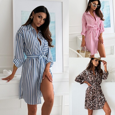 印花翻领宽松腰带衬衫连衣裙