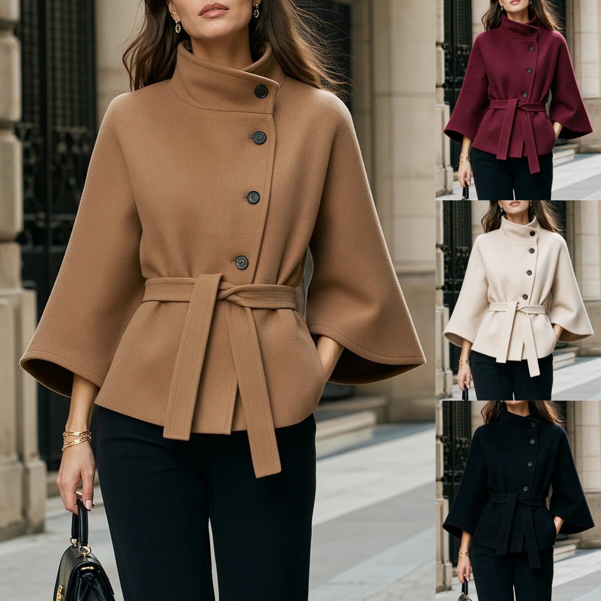 2026欧美女士立领系带喇叭袖短大衣外套Women Belted Wool Coat