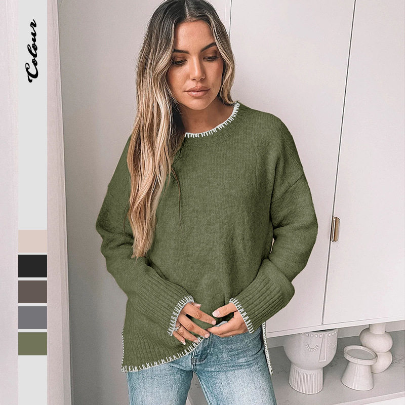 简约休闲饰边圆领针织长袖毛衣