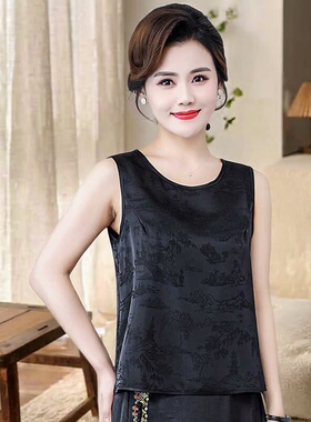 2026春夏新款妈妈装黑色背心国风提花无袖内搭女宋锦提花大码吊带