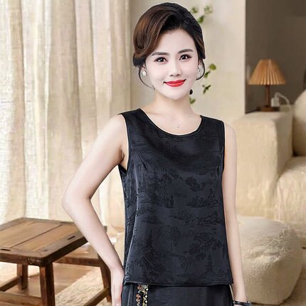 2026春夏新款妈妈装黑色背心国风提花无袖内搭女宋锦提花大码吊带
