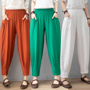 夏季 小脚罗卜裤 新款 宽松百搭九分裤 冰丝棉麻休闲哈伦裤 中年妈妈装