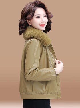 【加绒保暖】妈妈秋冬装皮衣夹克上衣女中年加厚PU皮夹克拆卸毛领