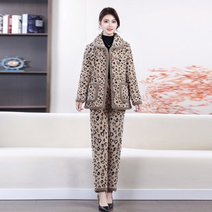 豹纹加绒套装 保暖时尚 加厚棉衣棉裤 冬季 两件套 中老年女装 妈妈冬装