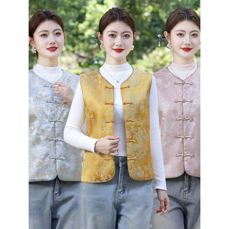新中式国风马甲上衣春季盘扣唐装马夹背心女外搭无袖提花坎肩外套